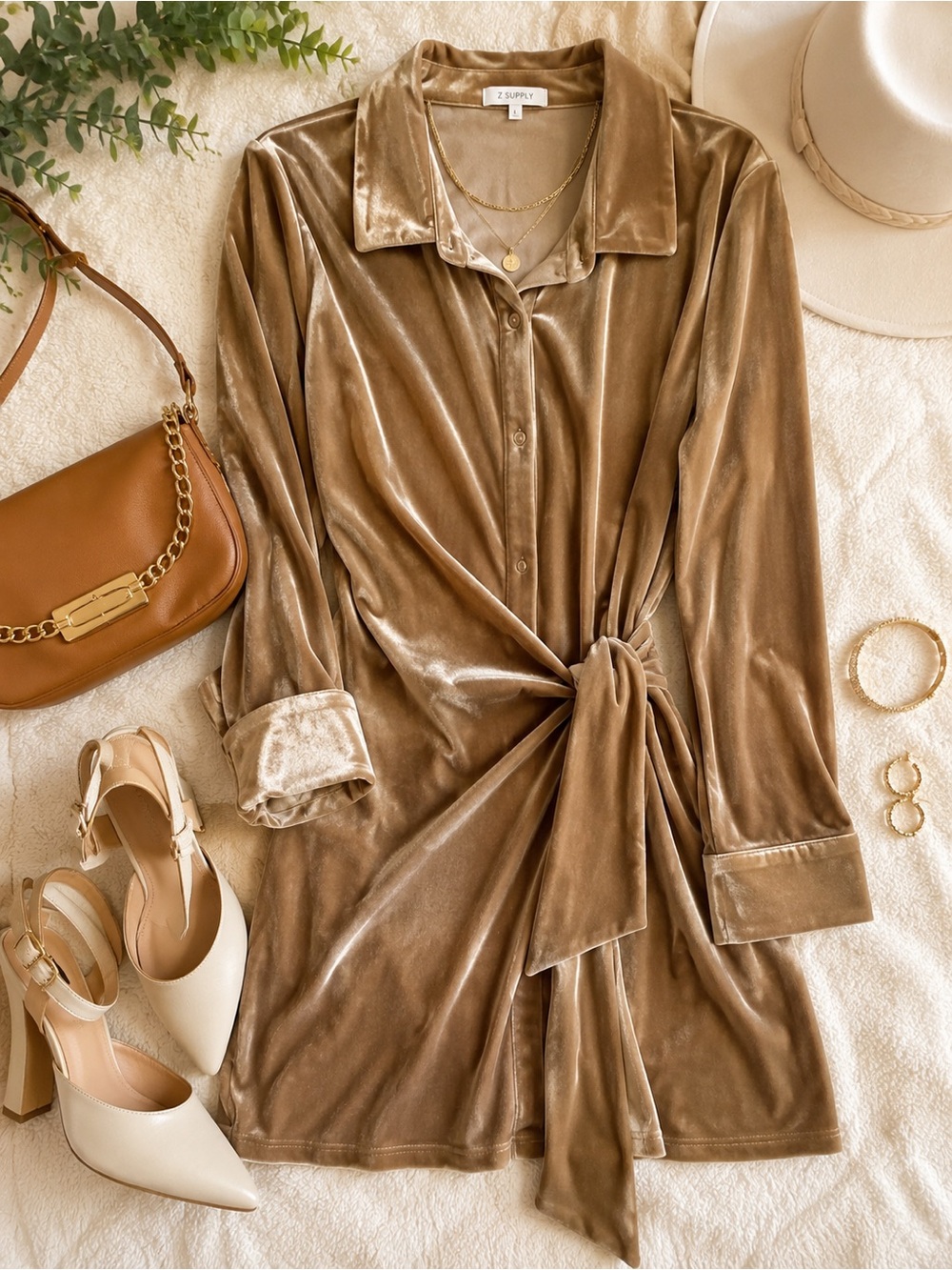 Z Supply Velvet Wrap Button-Down Tie Shirt Dress in Camel Brown